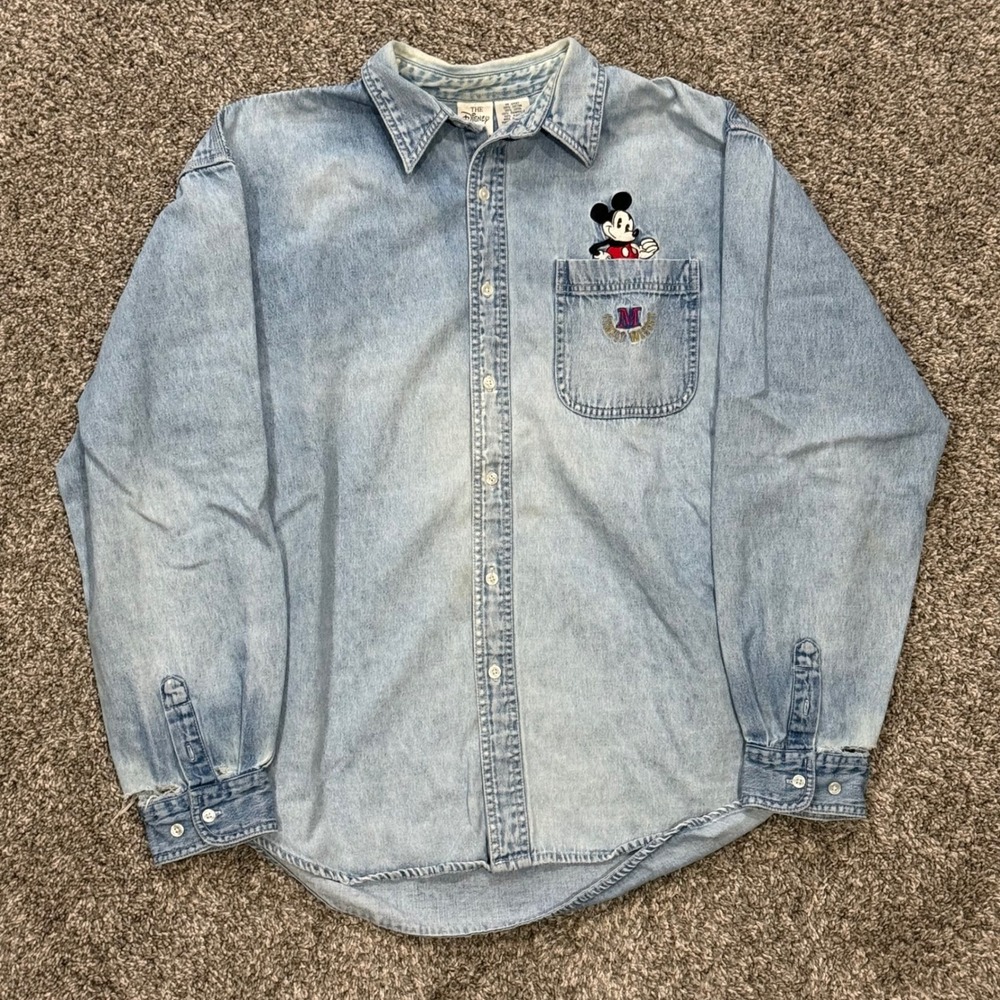 Vintage 90s Disney Store Mickey Mouse Denim Button Down Shirt DISTRESSED Mens XL